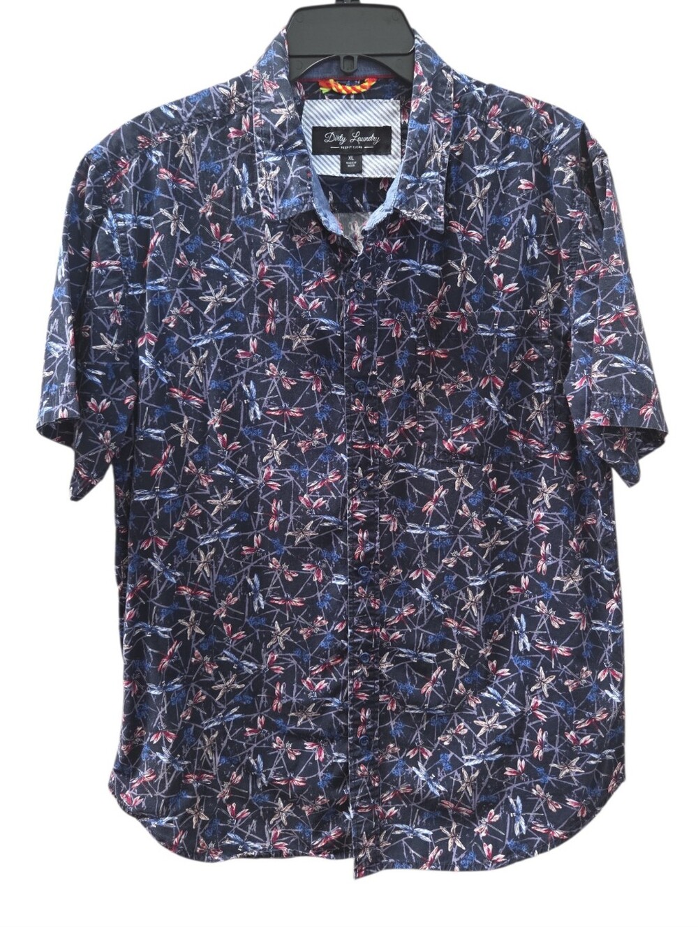 Dirty Laundry Navy Dragonfly Print Short Sleeve Button Down Shirt Size L
